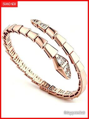 Rose Gold Serpentine Cuff Bracelet with Crystal Accents, Adjustable Snake Chain